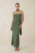 Strapless Sheath Midi Bridesmaid Dress With Ribbon in Thyme - Curvevia