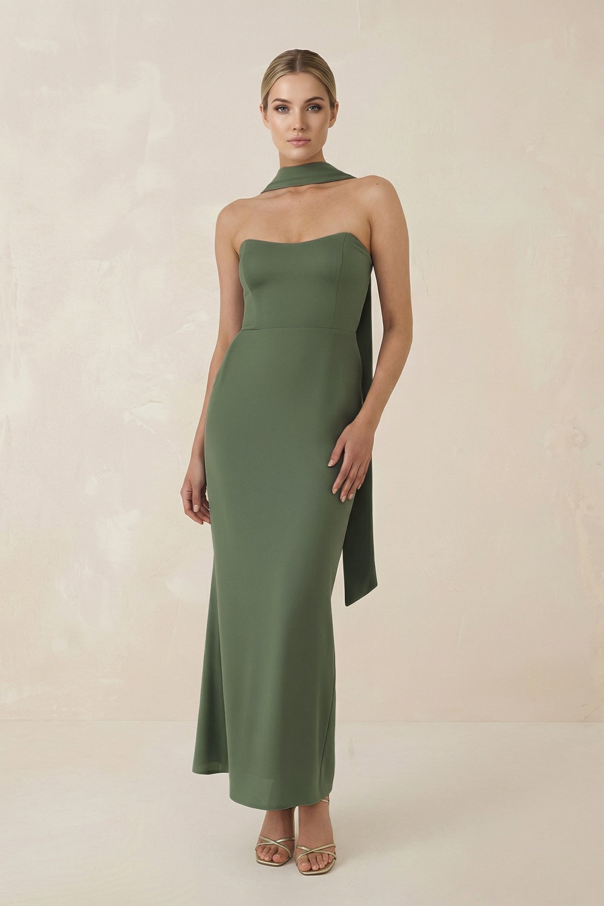 Strapless Sheath Midi Bridesmaid Dress With Ribbon in Thyme - Curvevia