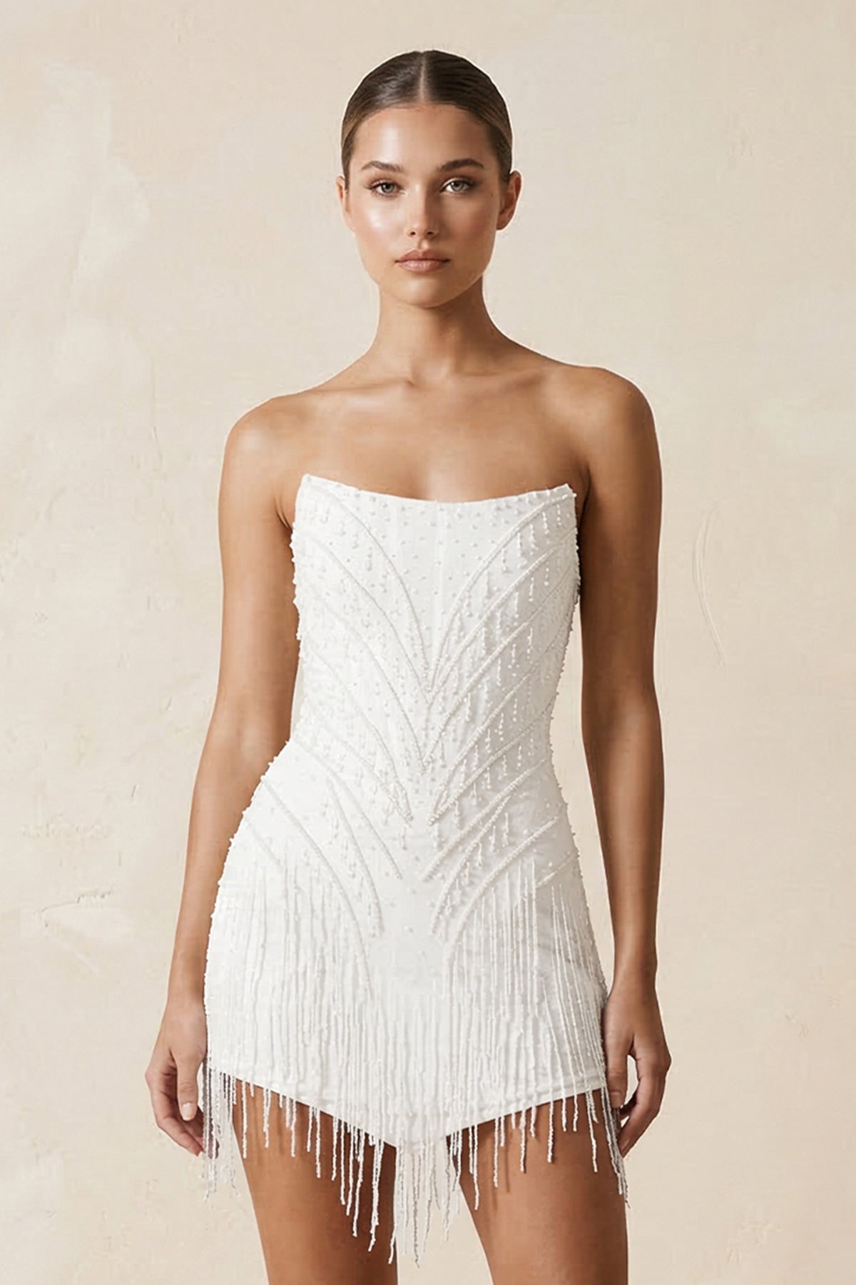 Strapless Sheath Mini Wedding Dress with Tassel in White - Curvevia
