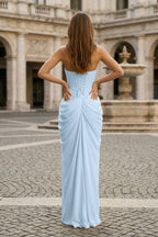 Sky Blue Strapless Sheath Chiffon Pleated Long Evening Dress with Slit - Curvevia