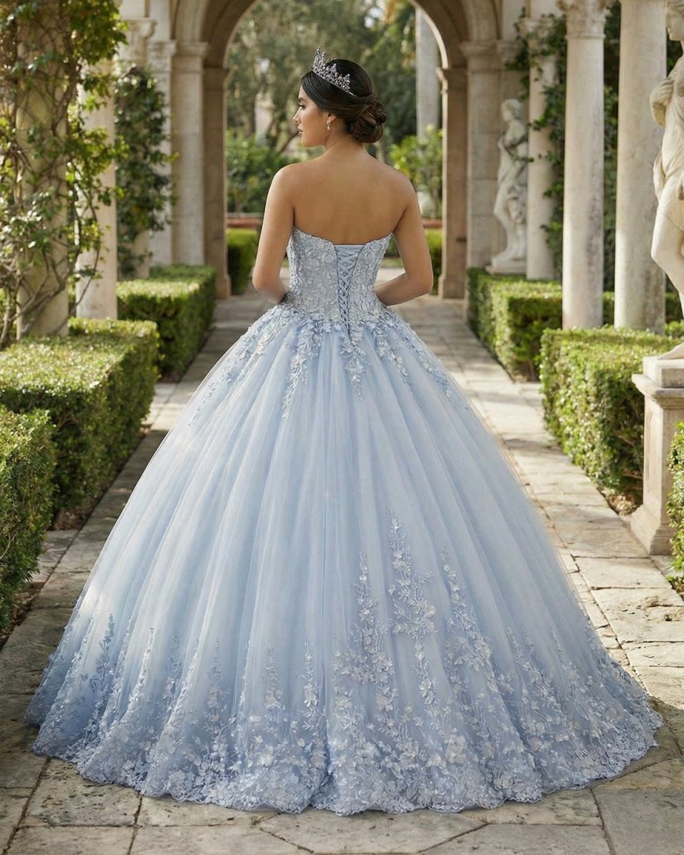 Strapless Sweetheart Neck 3D lace appliqued Quinceanera Dresses - Curvevia