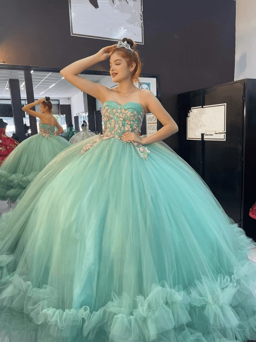 Sage Green Strapless Tulle Ball Gown Quinceanera Dress - Curvevia