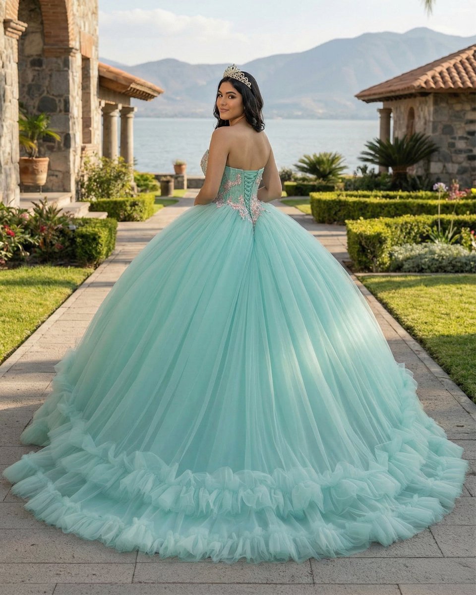 Sage Green Strapless Tulle Ball Gown Quinceanera Dress - Curvevia