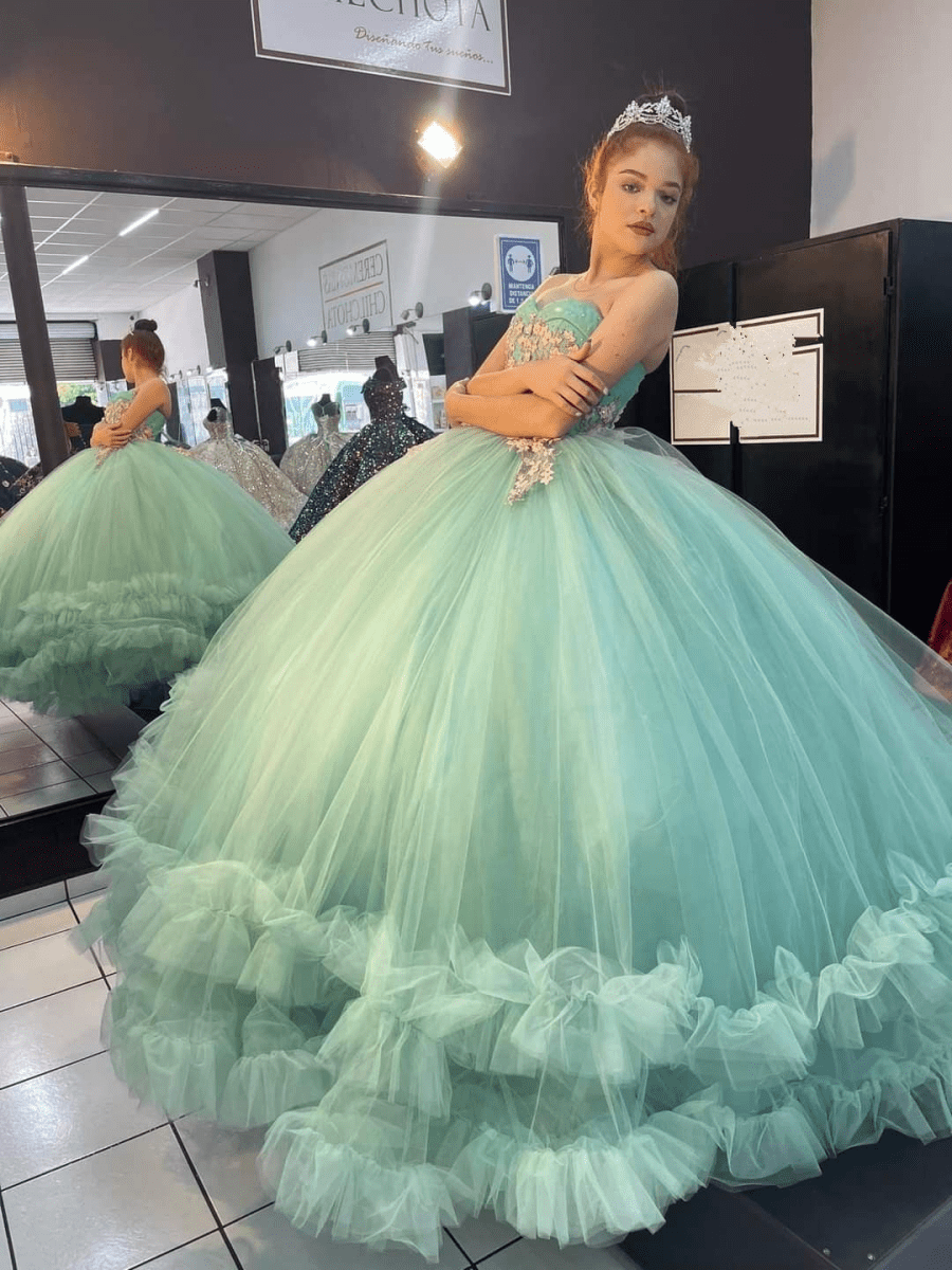 Sage Green Strapless Tulle Ball Gown Quinceanera Dress - Curvevia