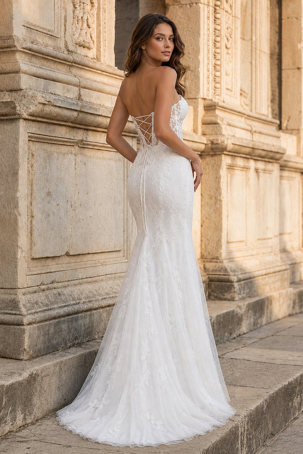 Mermaid Strapless Corset Lace Evening Dress with Slit - Curvevia