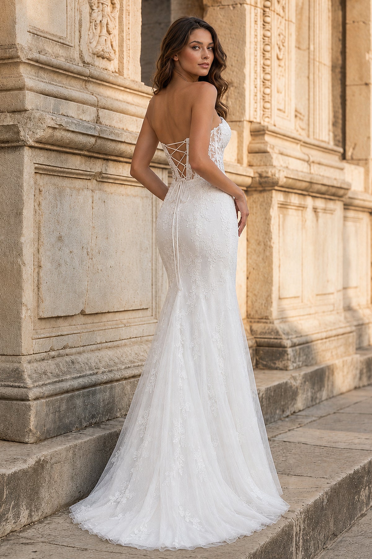 Mermaid Strapless Corset Lace Evening Dress with Slit - Curvevia