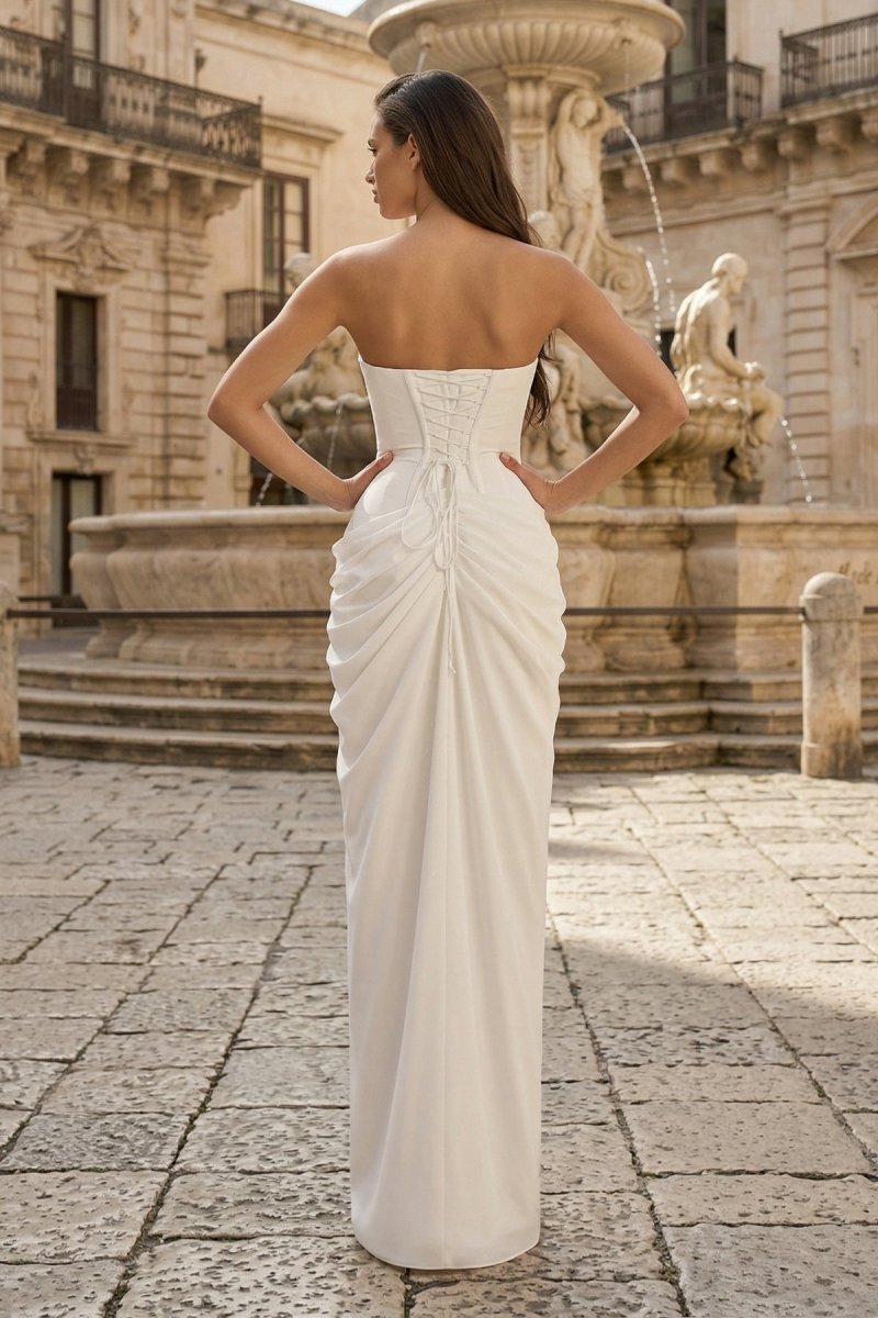 Sky Blue Strapless Sheath Chiffon Pleated Long Evening Dress with Slit - Curvevia