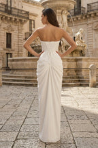 Sky Blue Strapless Sheath Chiffon Pleated Long Evening Dress with Slit - Curvevia