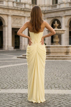 Sky Blue Strapless Sheath Chiffon Pleated Long Evening Dress with Slit - Curvevia