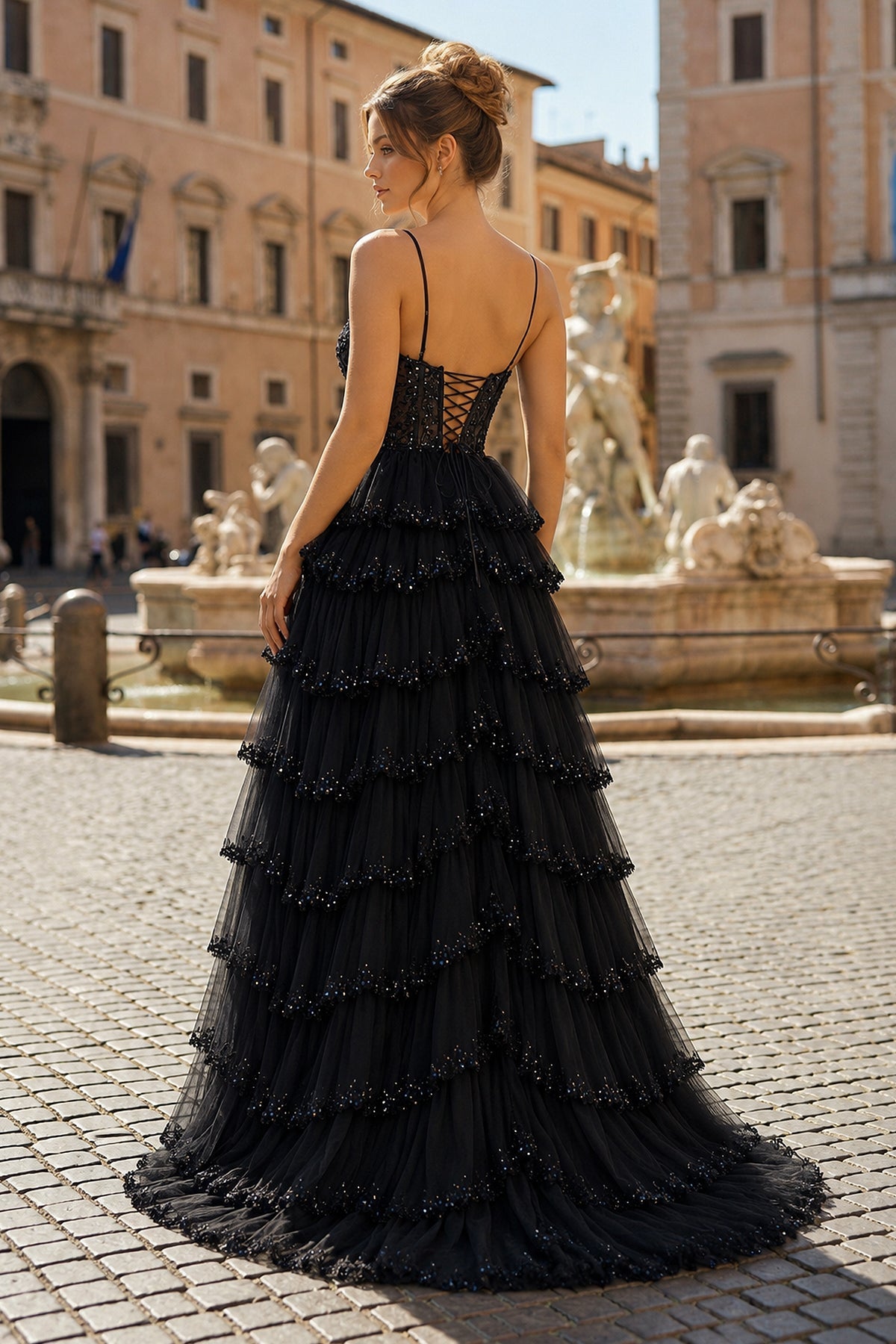 Straps Black Mesh Cutout Sequined Layered Long Prom Dress - Curvevia