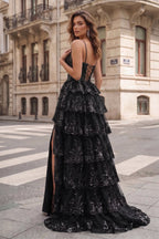 Straps Fuchsia Sequin Layered Evening Dress with Slit - Curvevia