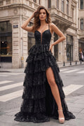 Straps Fuchsia Sequin Layered Evening Dress with Slit - Curvevia