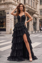 Straps Fuchsia Sequin Layered Evening Dress with Slit - Curvevia