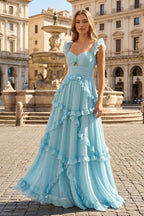 A-Line Straps Sky Blue Chiffon Ruffles Long Prom Dress - Curvevia