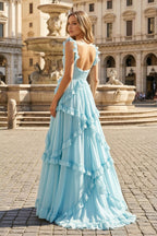 A-Line Straps Sky Blue Chiffon Ruffles Long Prom Dress - Curvevia