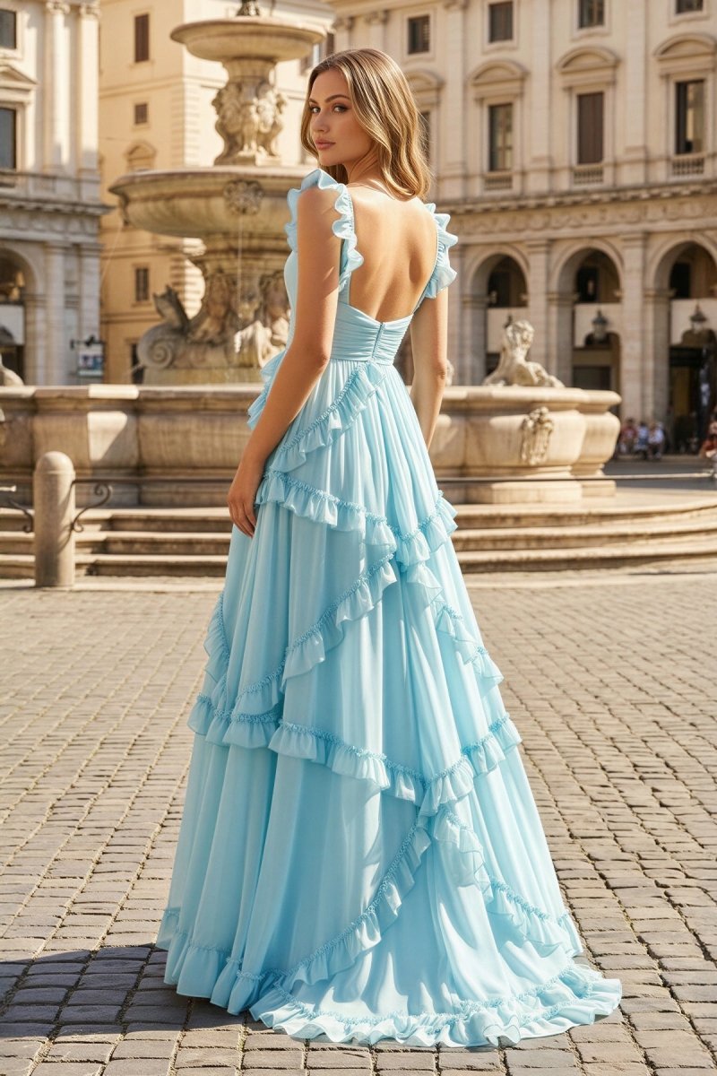 A-Line Straps Sky Blue Chiffon Ruffles Long Prom Dress - Curvevia