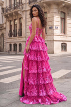 Straps Fuchsia Sequin Layered Evening Dress with Slit - Curvevia