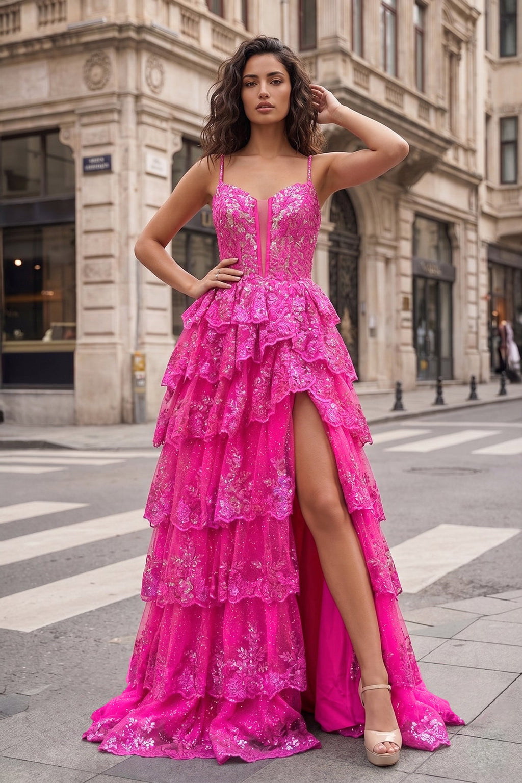 Straps Fuchsia Sequin Layered Evening Dress with Slit - Curvevia