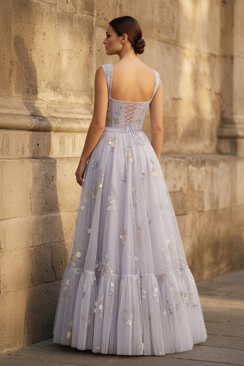A-line Lilac Tea Length Tulle Wedding Guest Dress with Embroidery - Curvevia