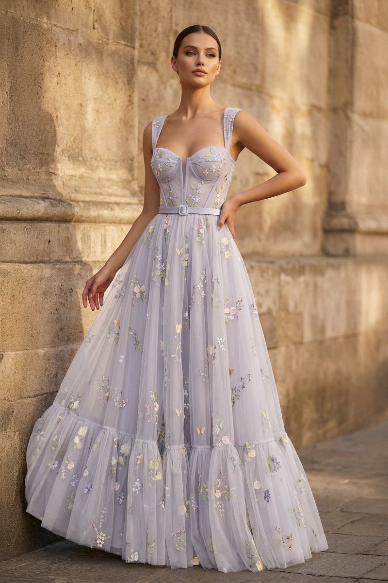 A-line Lilac Tea Length Tulle Wedding Guest Dress with Embroidery - Curvevia