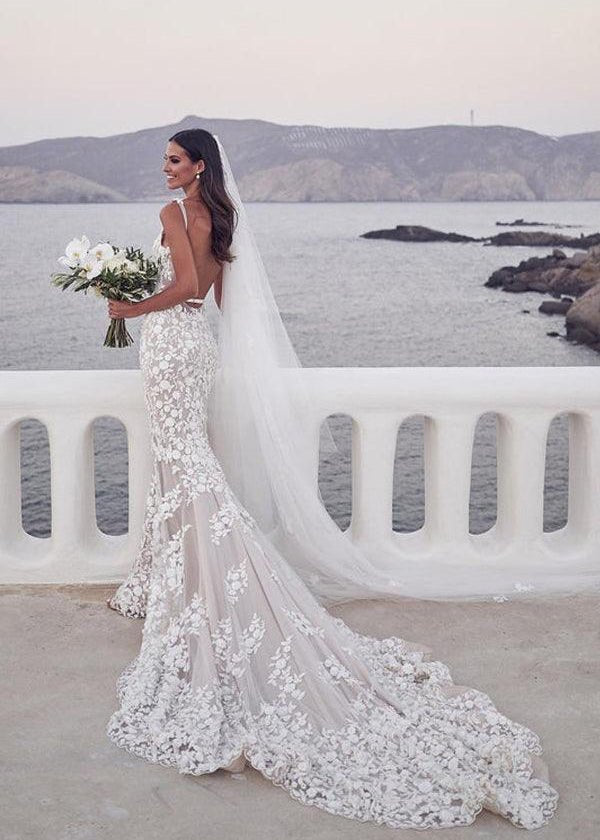 Straps Mermaid Wedding Dresses Lace Appliqued Bridal Gowns - Curvevia