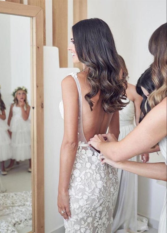 Straps Mermaid Wedding Dresses Lace Appliqued Bridal Gowns - Curvevia