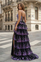 Straps Fuchsia Sequin Layered Evening Dress with Slit - Curvevia