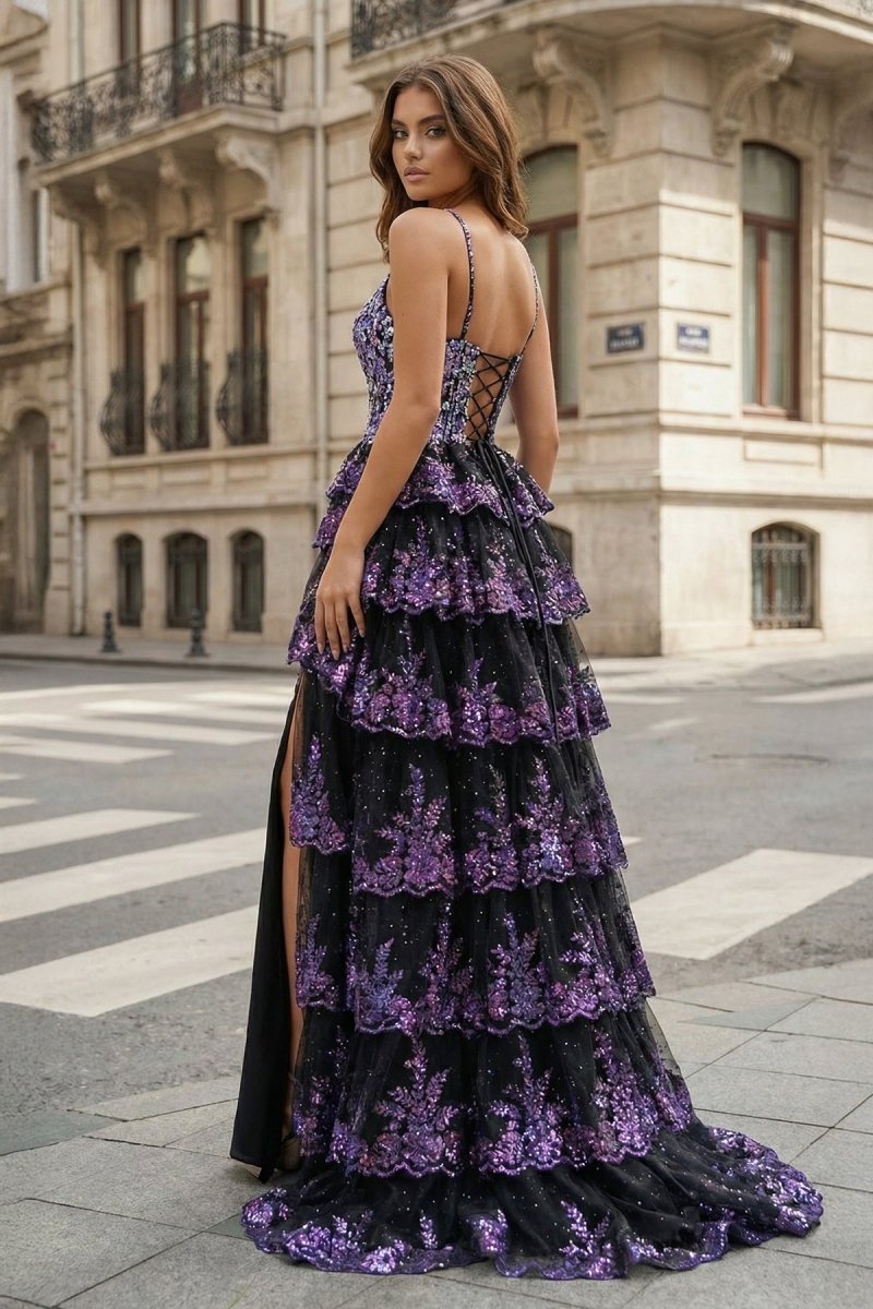 Straps Fuchsia Sequin Layered Evening Dress with Slit - Curvevia