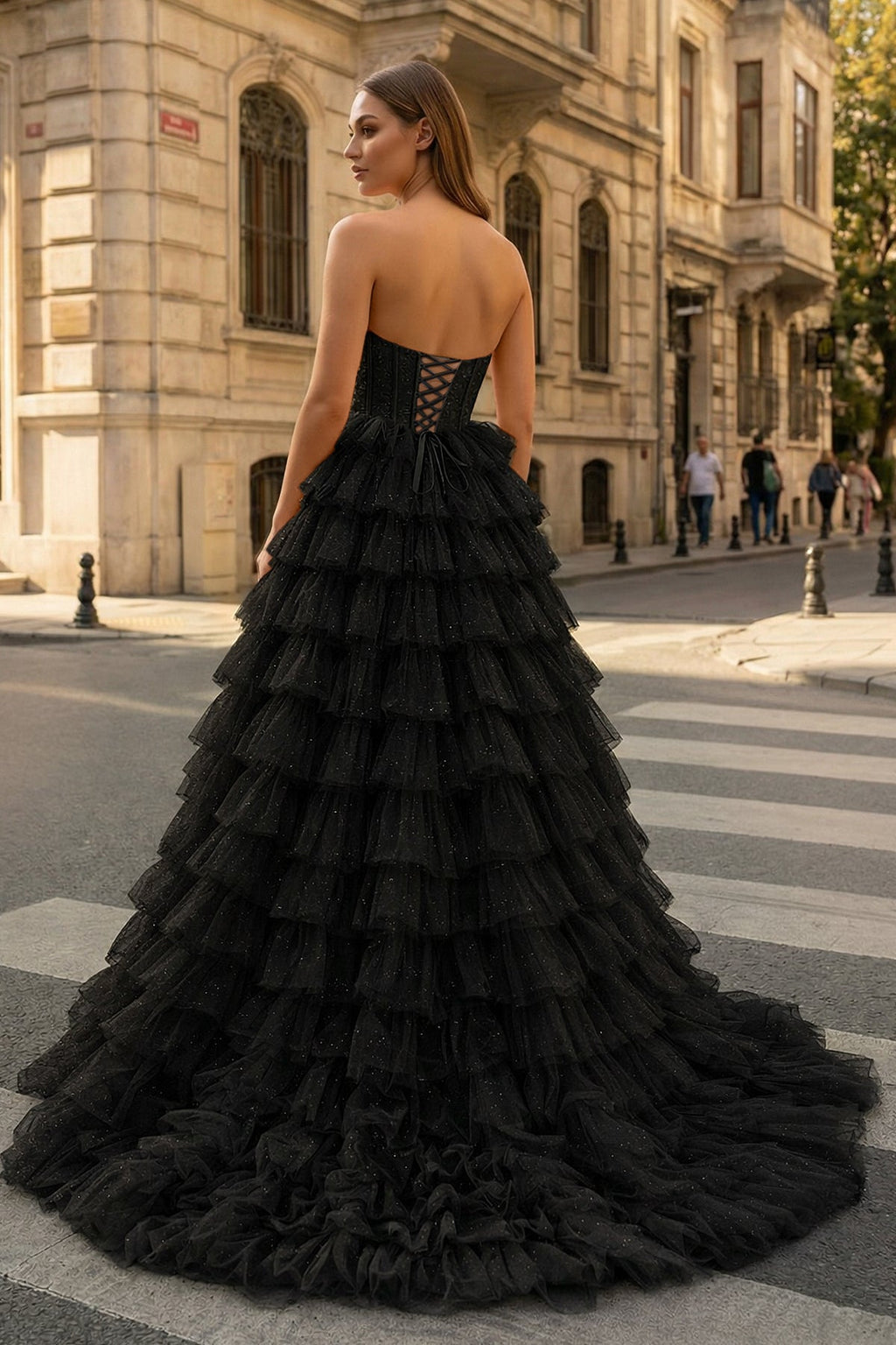 A Line Strapless Corset Glitter Tulle Prom Dress with Ruffles - Curvevia