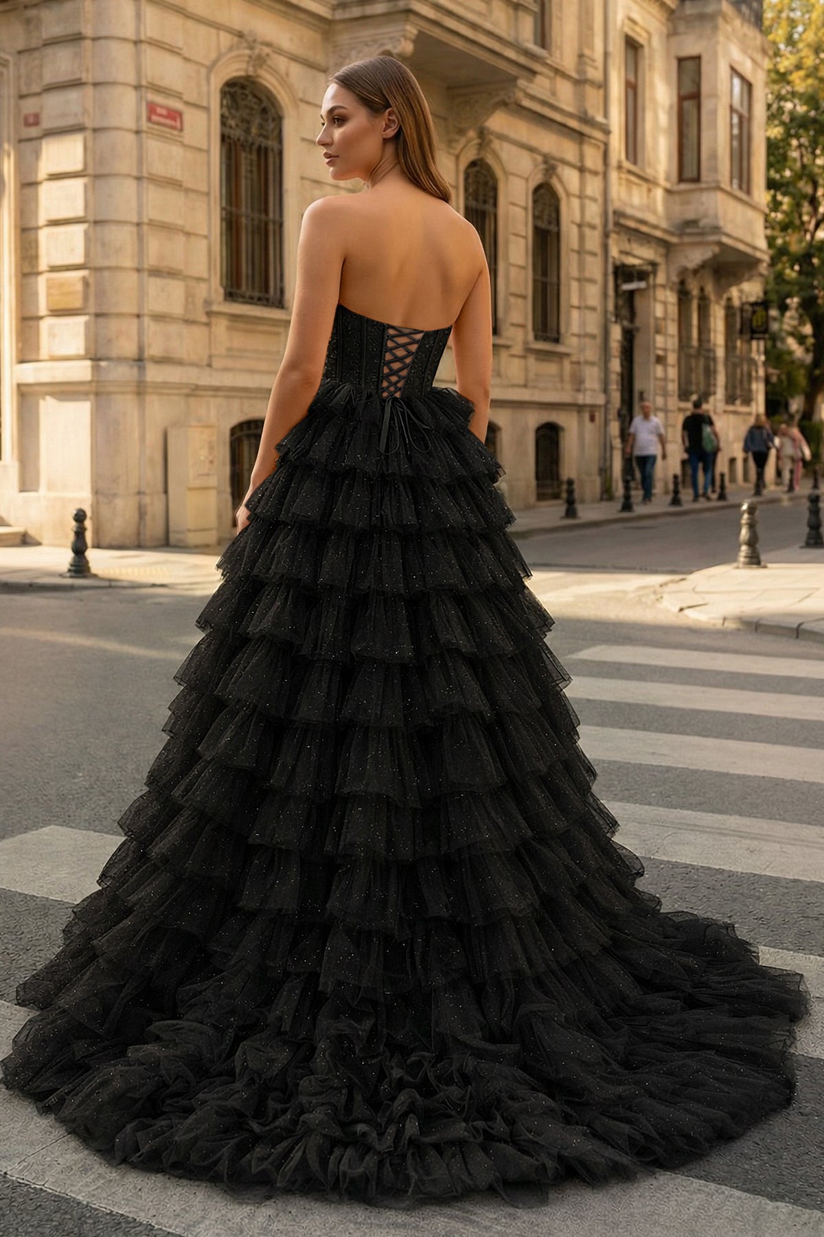 A Line Strapless Corset Glitter Tulle Prom Dress with Ruffles - Curvevia