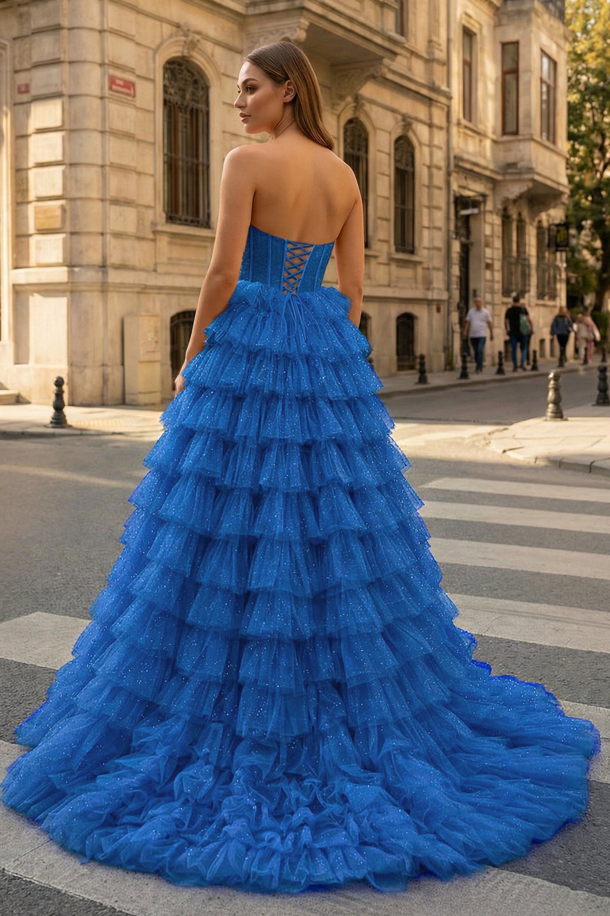 A Line Strapless Corset Glitter Tulle Prom Dress with Ruffles - Curvevia