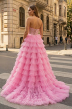 A Line Strapless Corset Glitter Tulle Prom Dress with Ruffles - Curvevia