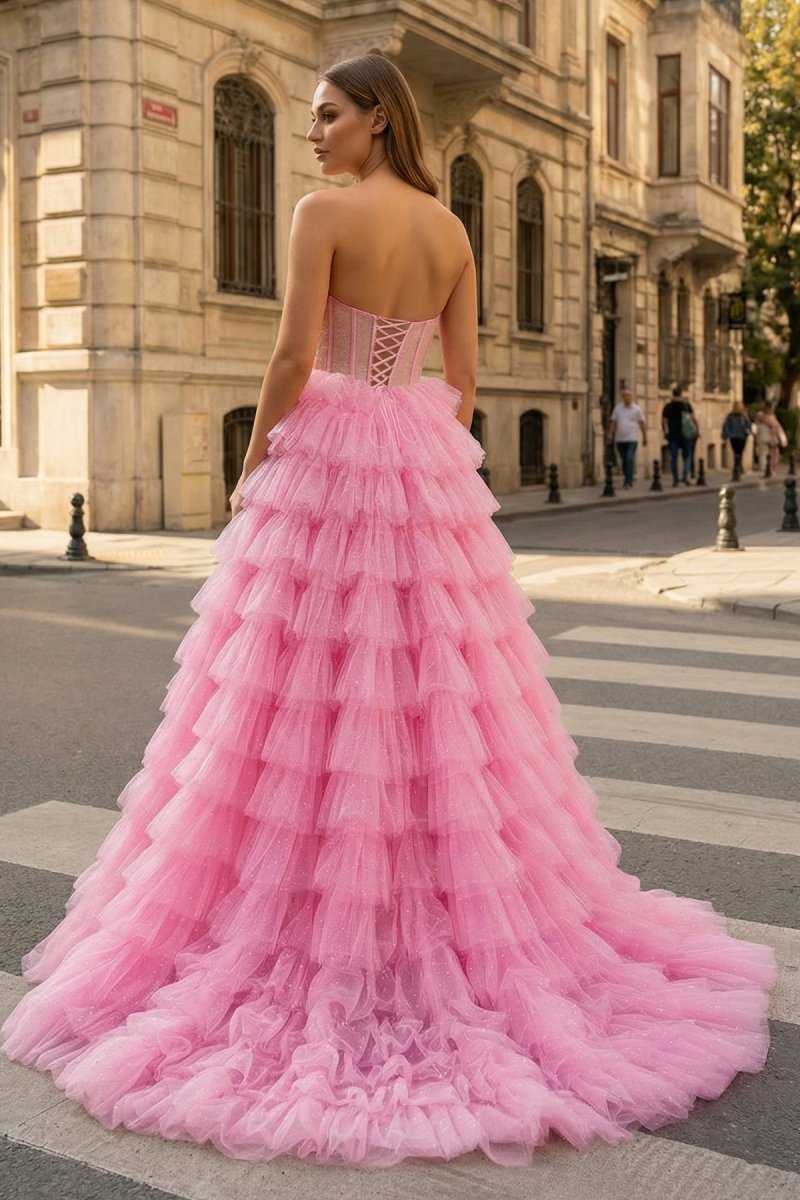 A Line Strapless Corset Glitter Tulle Prom Dress with Ruffles - Curvevia