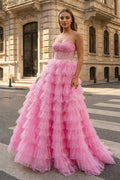 A Line Strapless Corset Glitter Tulle Prom Dress with Ruffles - Curvevia
