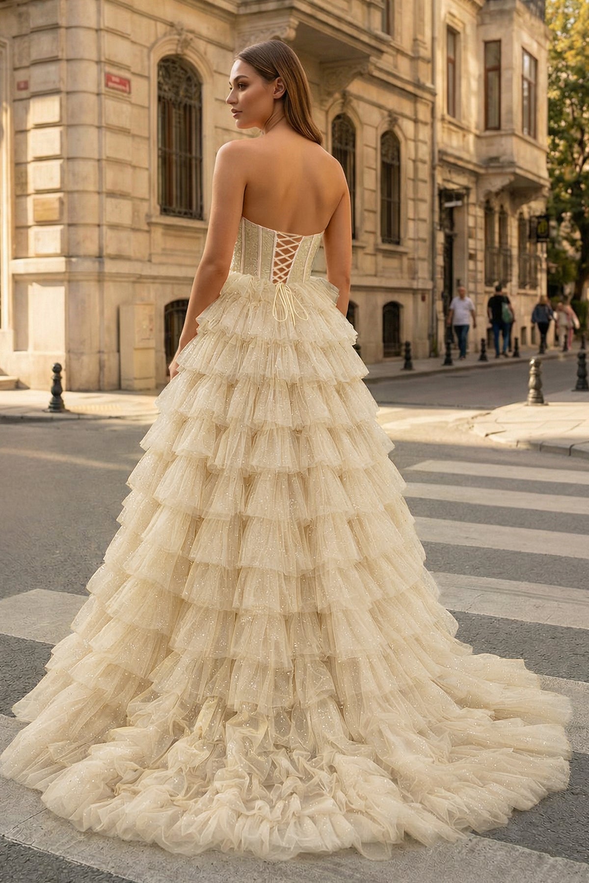 A Line Strapless Corset Glitter Tulle Prom Dress with Ruffles - Curvevia