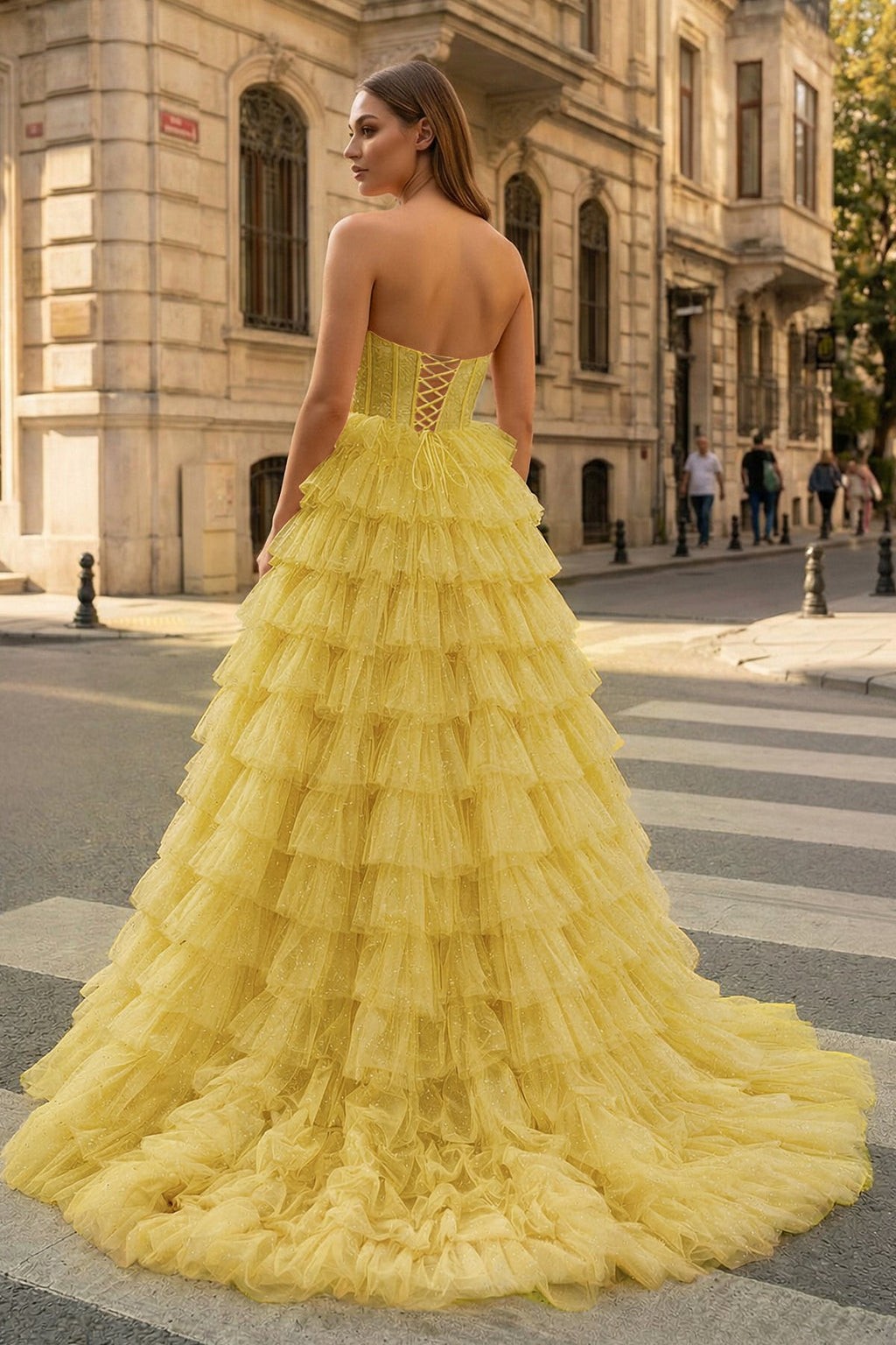 A Line Strapless Corset Glitter Tulle Prom Dress with Ruffles - Curvevia