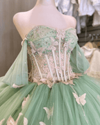 Ball Gown Sage Green Tulle Quinceanera Dress With Butterflies - Curvevia