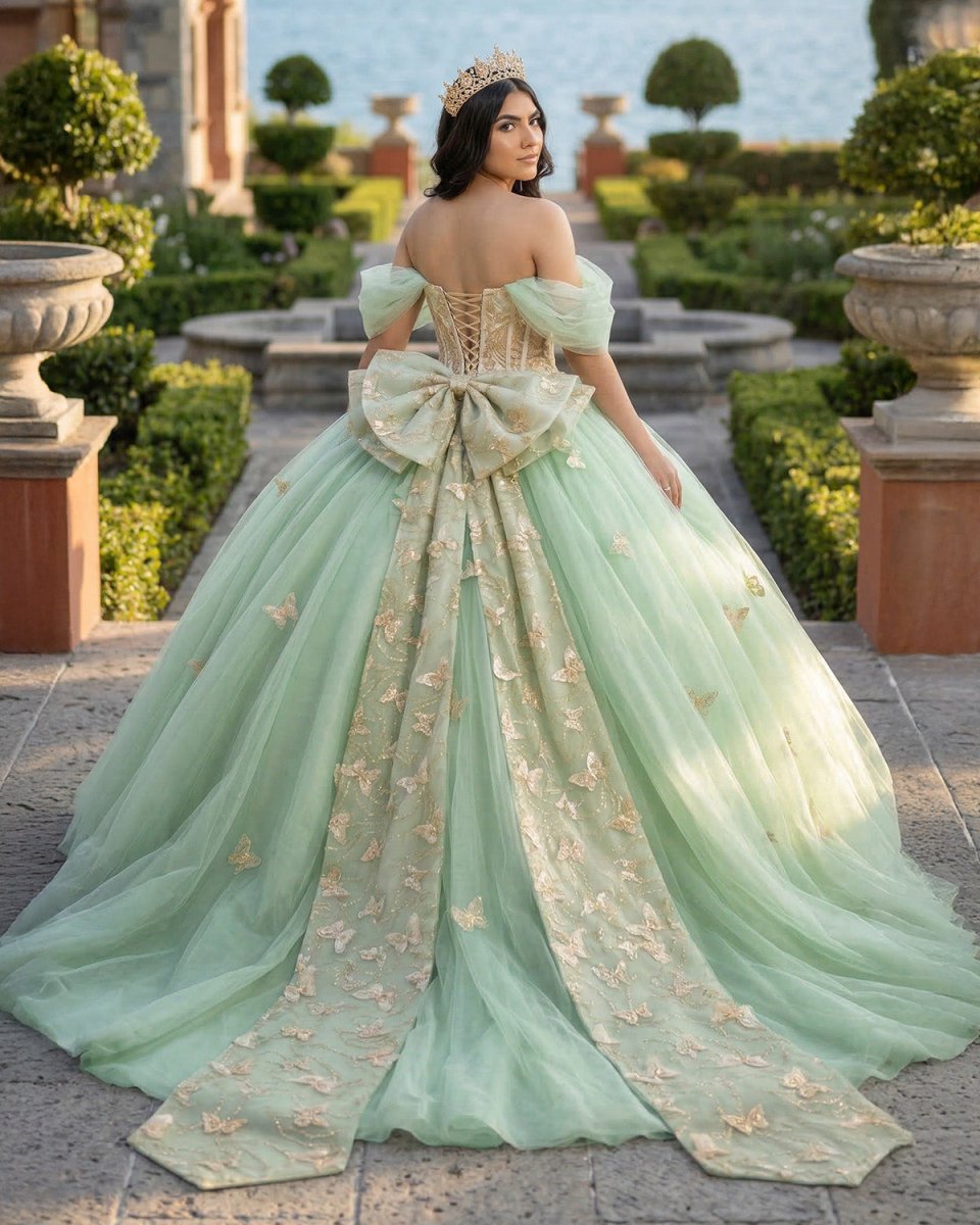 Ball Gown Sage Green Tulle Quinceanera Dress With Butterflies - Curvevia