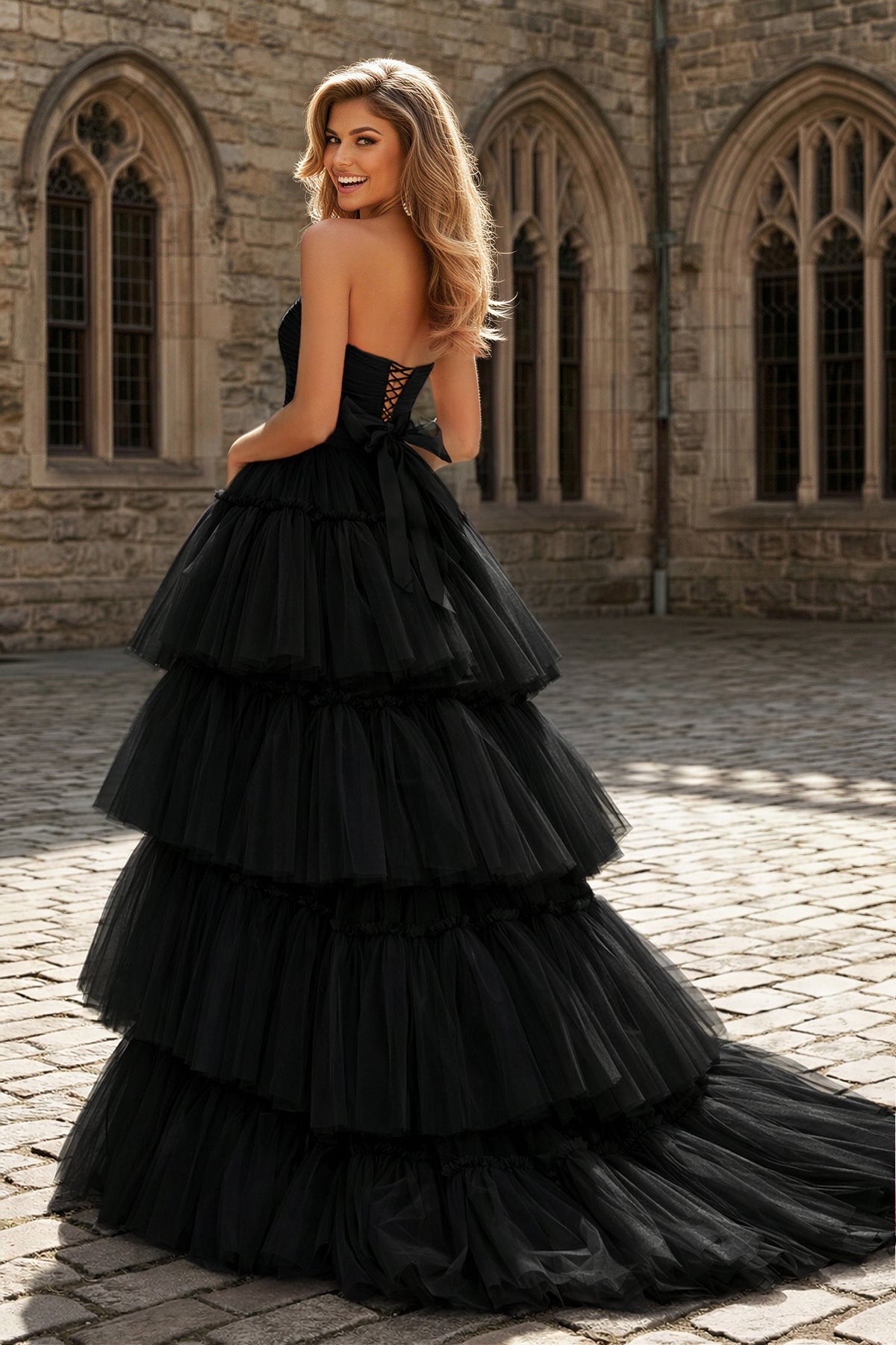 A-line High Low Strapless Tulle Prom Dress with Ruffles - Curvevia