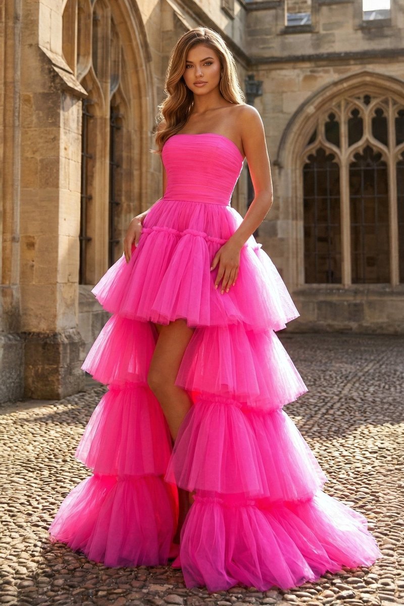 A-line High Low Strapless Tulle Prom Dress with Ruffles - Curvevia