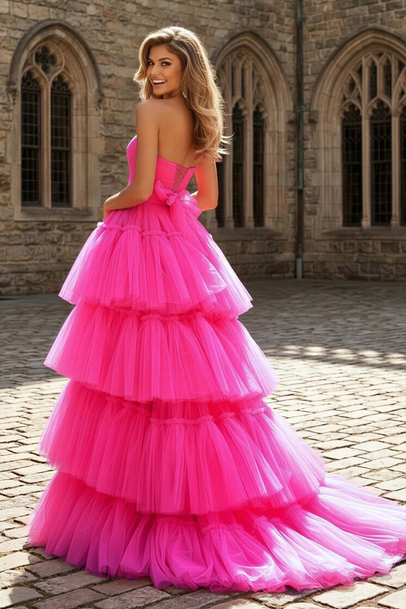 A-line High Low Strapless Tulle Prom Dress with Ruffles - Curvevia