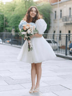 A-Line Square-Neck Short Wedding Dress With Puffy Pearls Sleeves - Curvevia