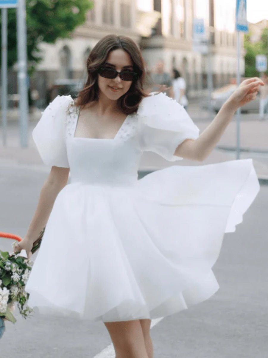 A-Line Square-Neck Short Wedding Dress With Puffy Pearls Sleeves - Curvevia