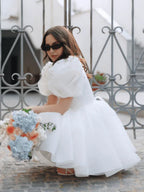 A-Line Square-Neck Short Wedding Dress With Puffy Pearls Sleeves - Curvevia