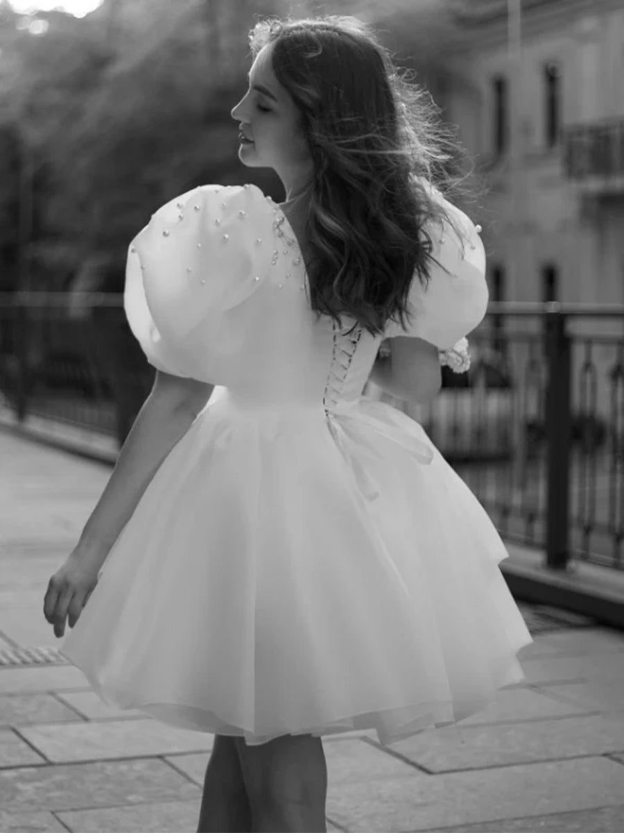 A-Line Square-Neck Short Wedding Dress With Puffy Pearls Sleeves - Curvevia