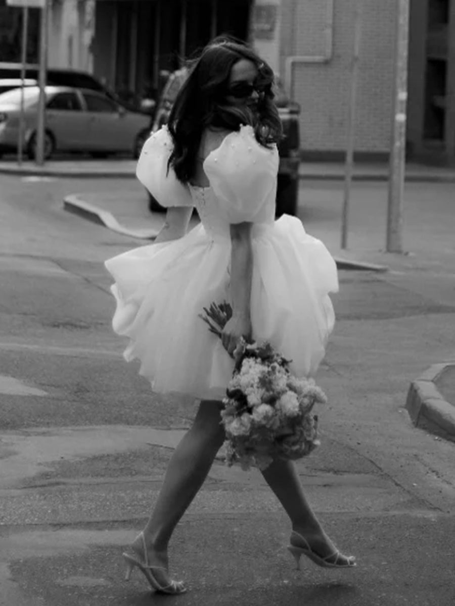 A-Line Square-Neck Short Wedding Dress With Puffy Pearls Sleeves - Curvevia