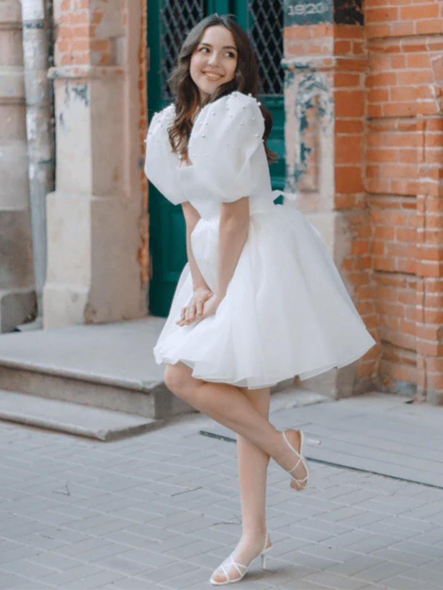 A-Line Square-Neck Short Wedding Dress With Puffy Pearls Sleeves - Curvevia