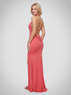 Coral Sequins Sheath Halter neckline Backless Floor-Length Dress with Slit - Curvevia