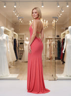 Coral Sequins Sheath Halter neckline Backless Floor-Length Dress with Slit - Curvevia