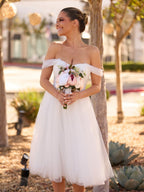 Sweet A-Line Off-The-Shoulder Little White Tulle Wedding Dresses - Curvevia